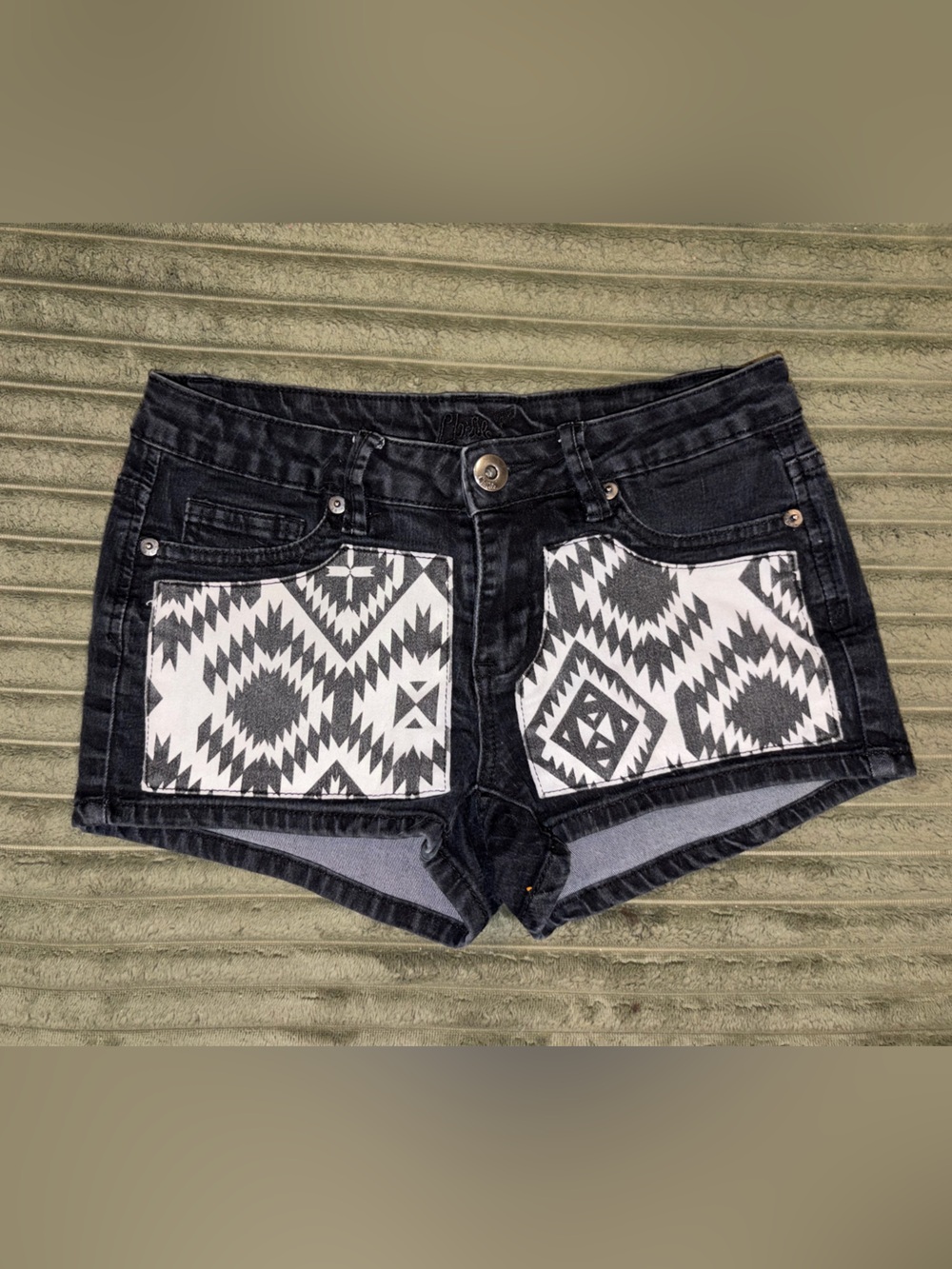 Piper Black Denim Shorts with White Aztec Front Panels